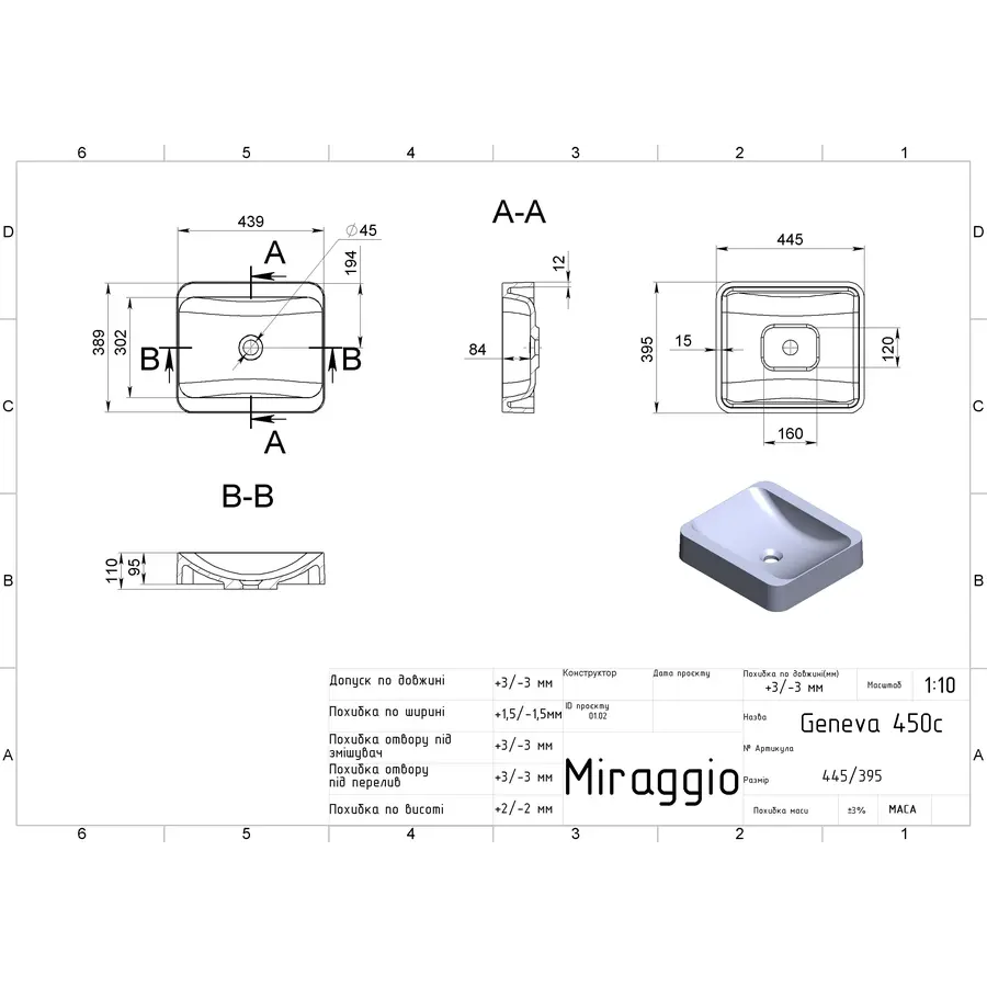 Умивальник GENEVA MIRASOFT Miraggio
