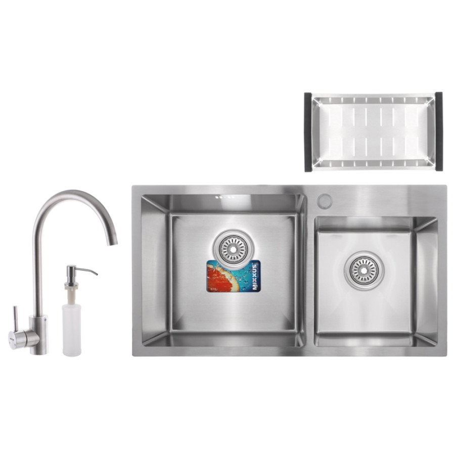Кухонна мийка MIXXUS SET-7843D-220x1.0-SATIN + змішувач + диспенсер + сушка для посуду (MX0583)
