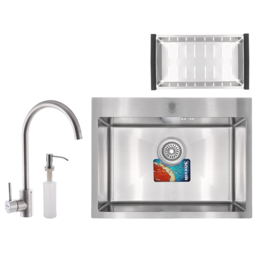 Кухонна мийка MIXXUS SET-6045-200x1.0-SATIN + змішувач + диспенсер + сушка для посуду (MX0584)
