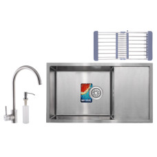 Кухонная мойка MIXXUS SET-7844-200x1.0-SATIN + смеситель + диспенсер + сушка для посуды (MX0582)
