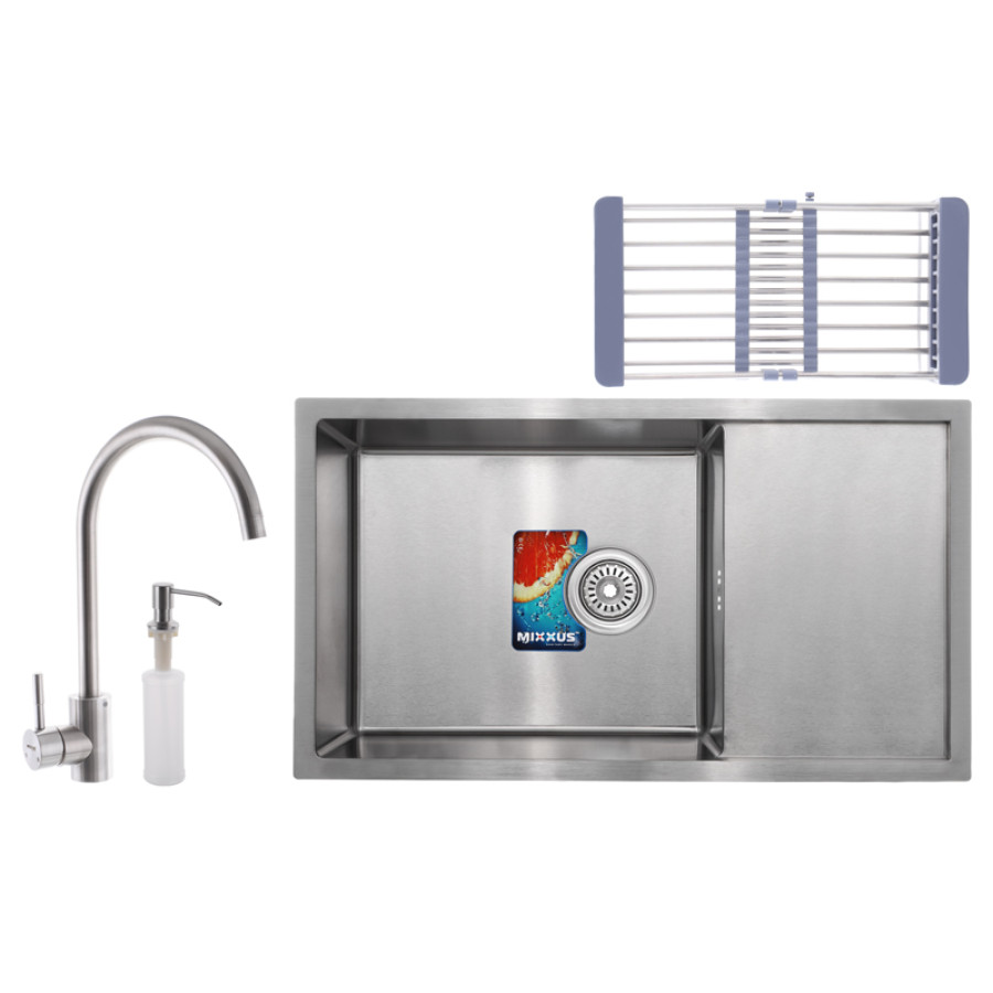 Кухонна мийка MIXXUS SET-7844-200x1.0-SATIN + змішувач + диспенсер + сушка для посуду (MX0582)