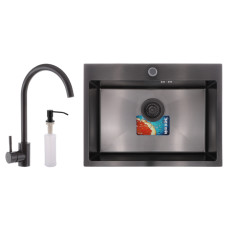 Кухонна мийка чорна MIXXUS SET-6045-200x1.0-PVD + змішувач чорний + диспенсер (MX0587)