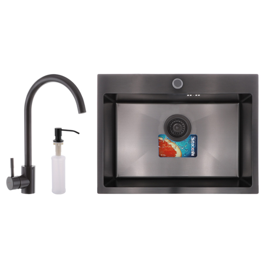 Кухонна мийка чорна MIXXUS SET-6045-200x1.0-PVD + змішувач чорний + диспенсер (MX0587)