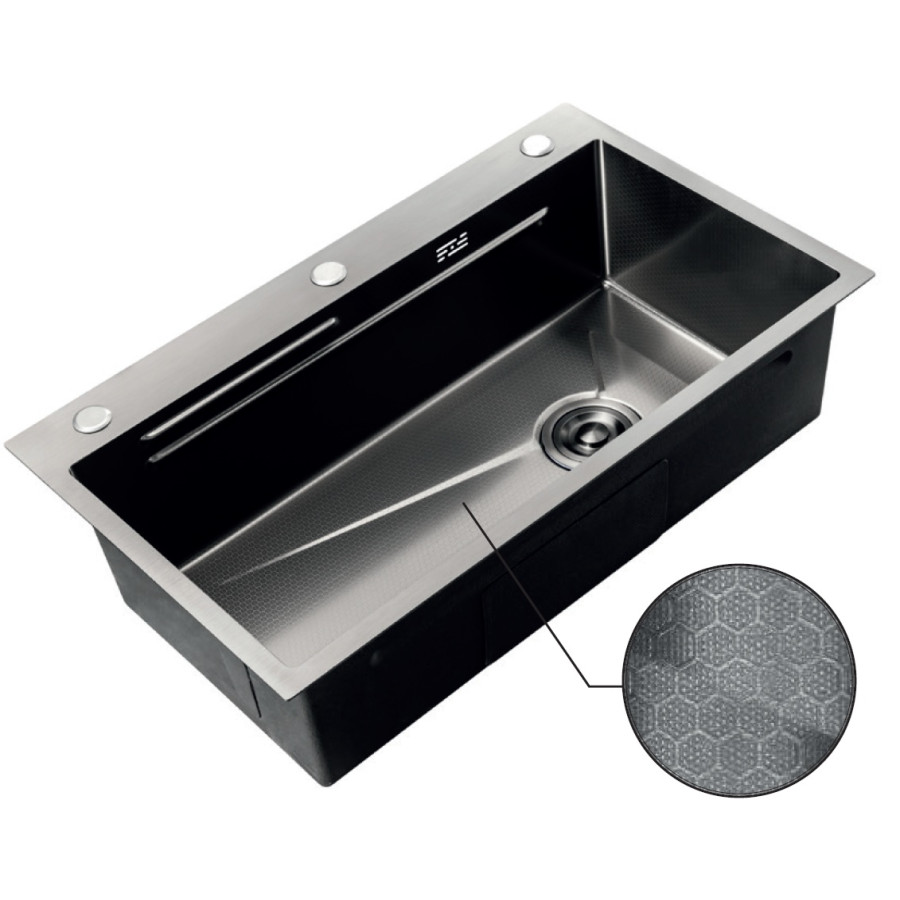 Мойка Zerix ZH7545-SET-05 DECOR NANO-BLACK (3.0/0.8) с нерж. стали, комплект (графит) (ZM5582)