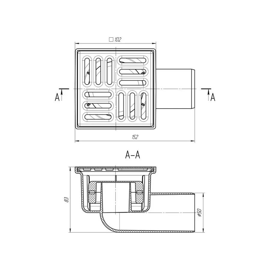 Трап ANI Plast TQ5102 горизонтальний з нержавіючою решіткою 100x100