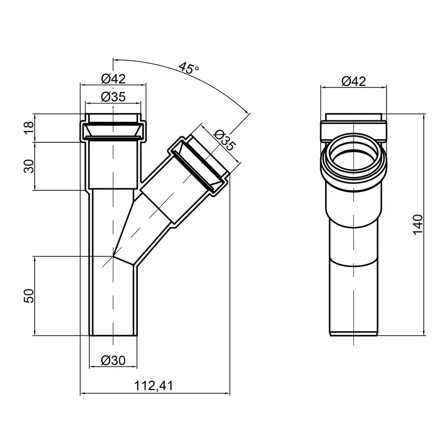 Тройник канализационный TA Sewage 32, 45 °
