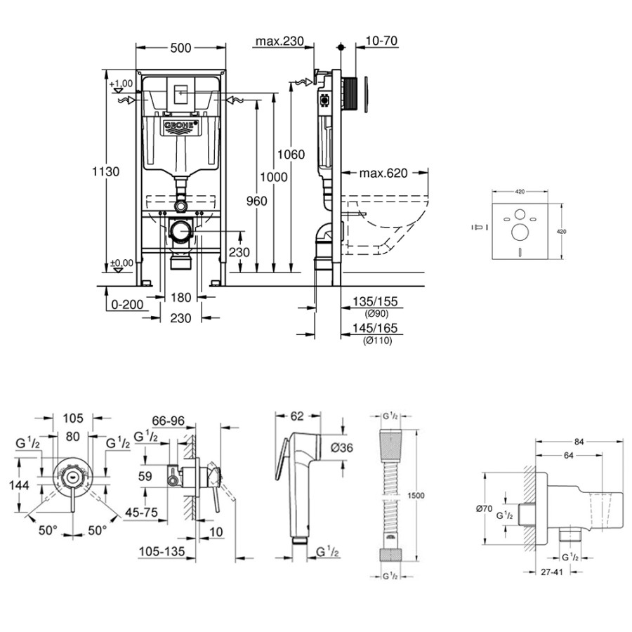 Комплект Grohe інсталяція Rapid SL 38772001 + набір для гігієнічного душу зі змішувачем BauClassic 111048