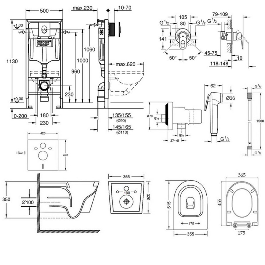 Комплект инсталляция Grohe Rapid SL 38721001 + унитаз с сиденьем Qtap Swan QT16335178W + набор для гигиенического душа со смесителем Grohe BauLoop 111042