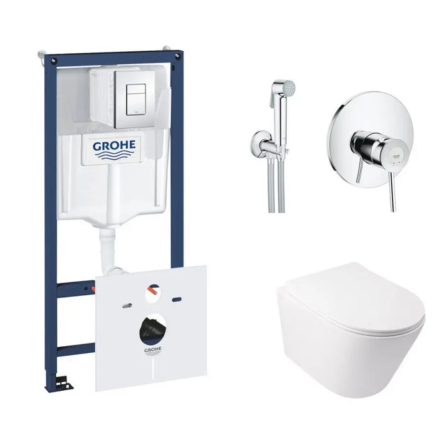 Комплект інсталяція Grohe Rapid SL 38827000 + унітаз з сидінням Qtap Swan QT16335178W + набір для гігієнічного душу зі змішувачем Grohe BauClassic 2904800S