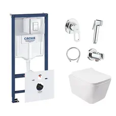 Комплект інсталяція Grohe Rapid SL 38827000 + унітаз з сидінням Qtap Crow QT05335170W + набір для гігієнічного душу зі змішувачем Grohe BauLoop 111042