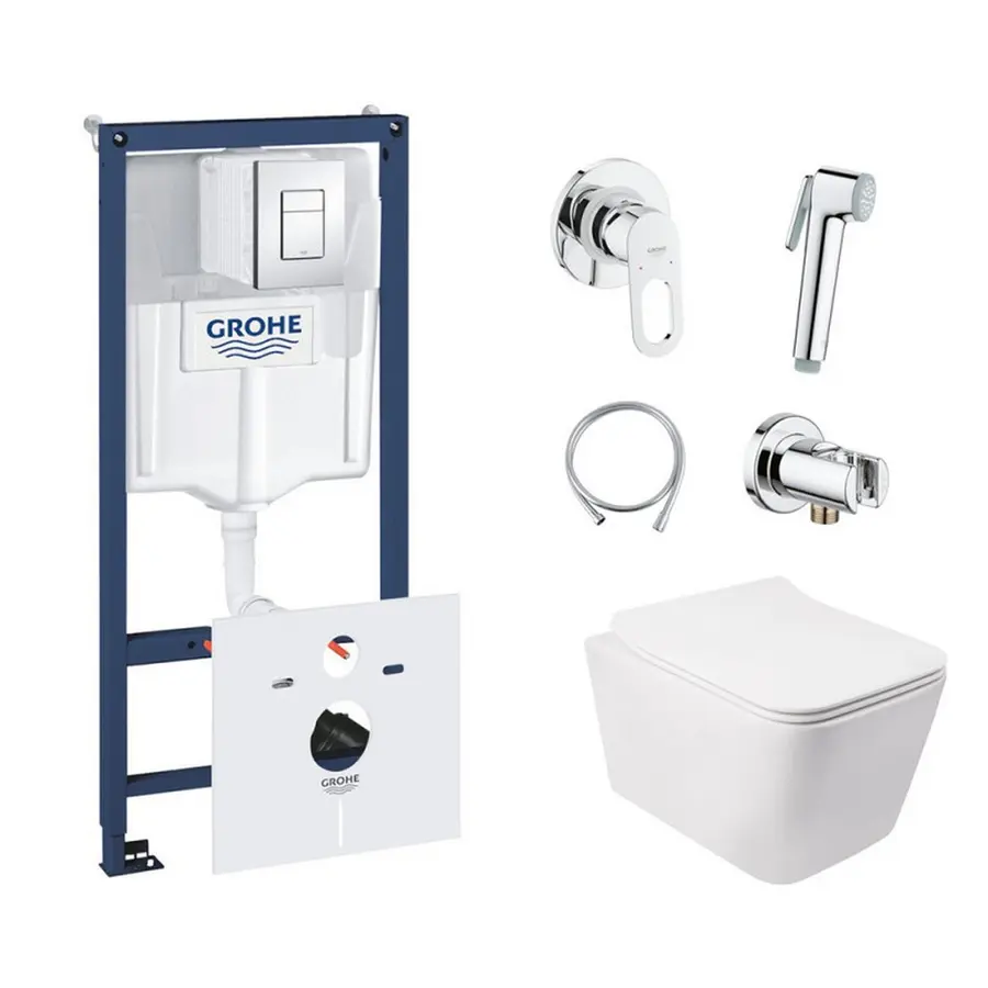Комплект інсталяція Grohe Rapid SL 38827000 + унітаз з сидінням Qtap Crow QT05335170W + набір для гігієнічного душу зі змішувачем Grohe BauLoop 111042