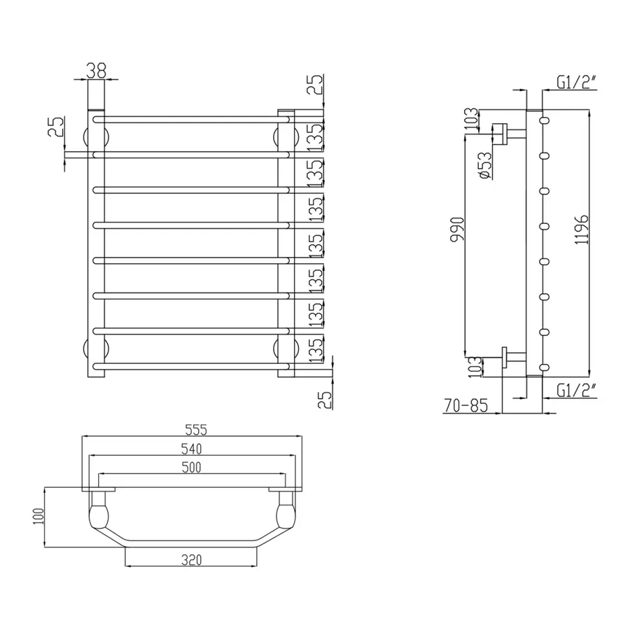 Полотенцесушитель водяной Lidz Trapezium (CRM) D38 / 25 500x1200 P8