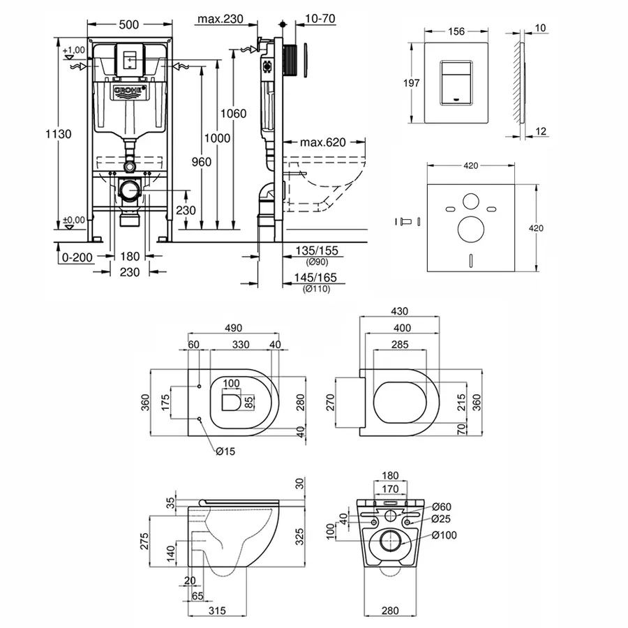 Набір інсталяція 5 в 1 Grohe Rapid SL 38827000 + унітаз з сидінням Qtap Robin QT1333046ENRW