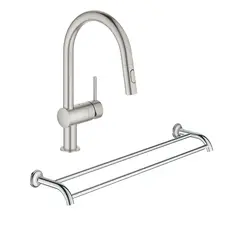 Смеситель для кухни с выдвижным изливом Grohe Minta 32321DC2 + держатель для полотенец Essentials Authentic 40654001