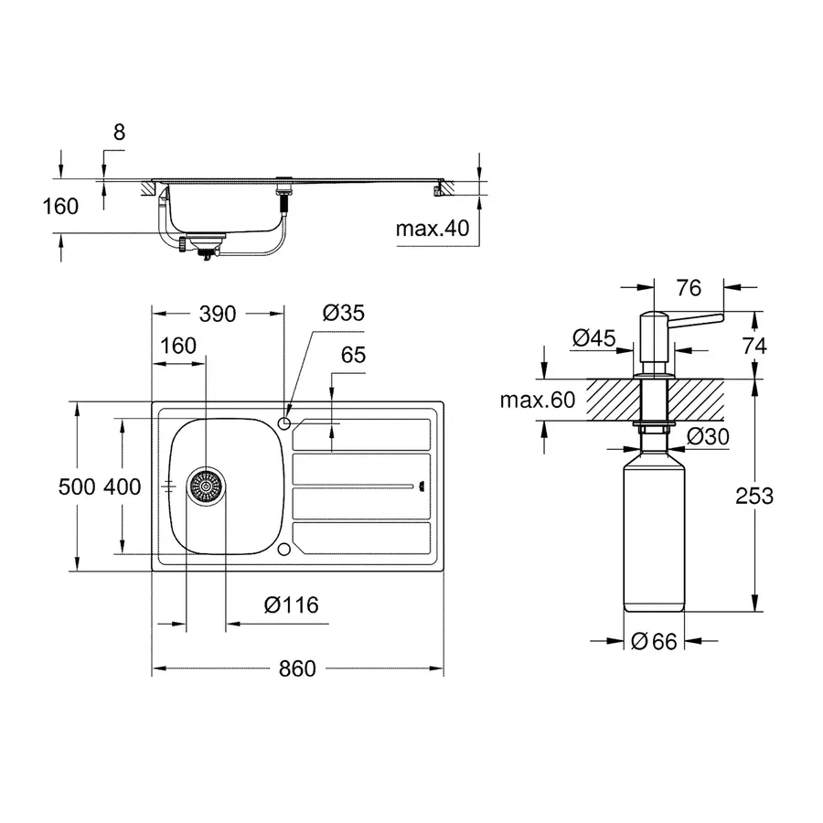 Мийка кухонна Grohe K200 31552SD0 + дозатор для миючого засобу Contemporary 40536000