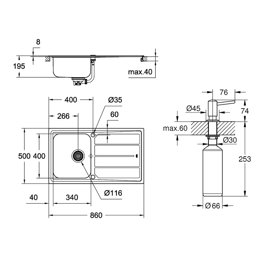 Мойка кухонная Grohe K500 31571SD0 + дозатор для моющего средства Contemporary 40536000