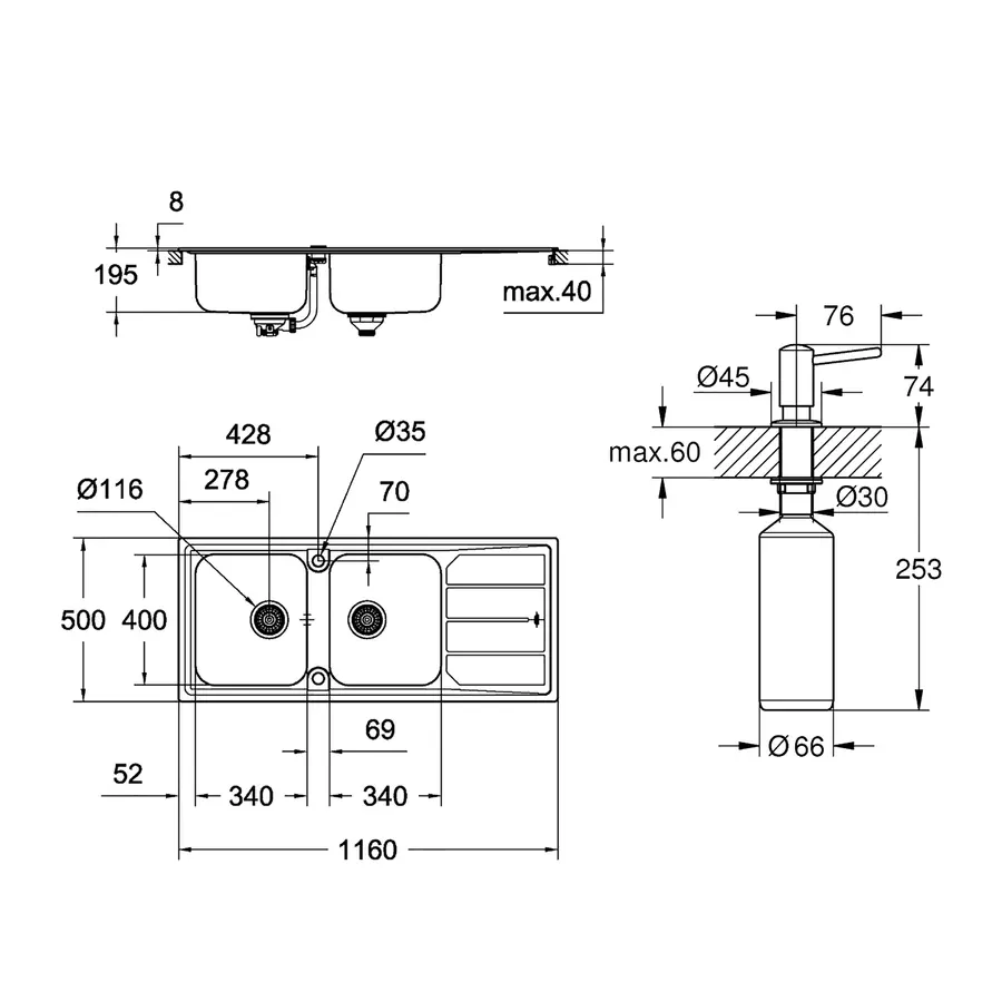 Мийка кухонна Grohe K500 31588SD0 + дозатор для миючого засобу Contemporary 40536000