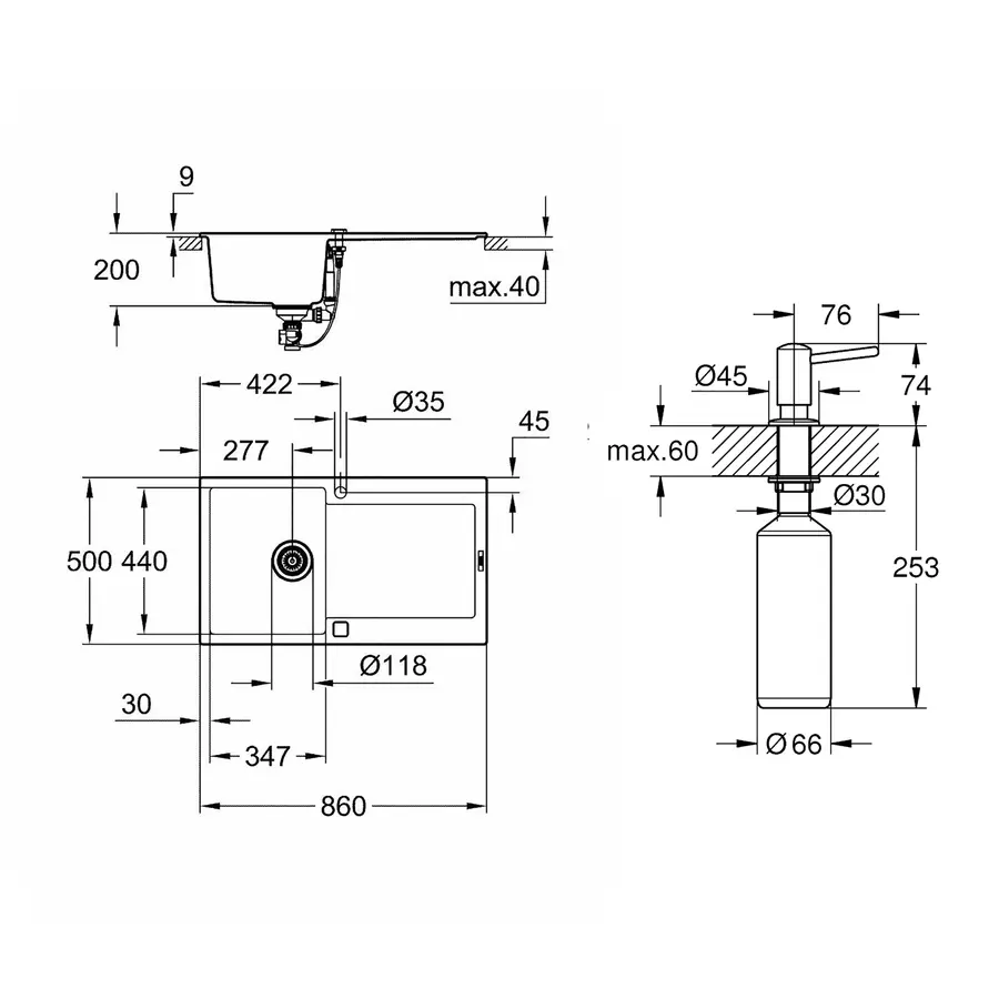 Кухонна гранітна мийка Grohe K500 31644AP0 + дозатор для миючого засобу Contemporary 40536000