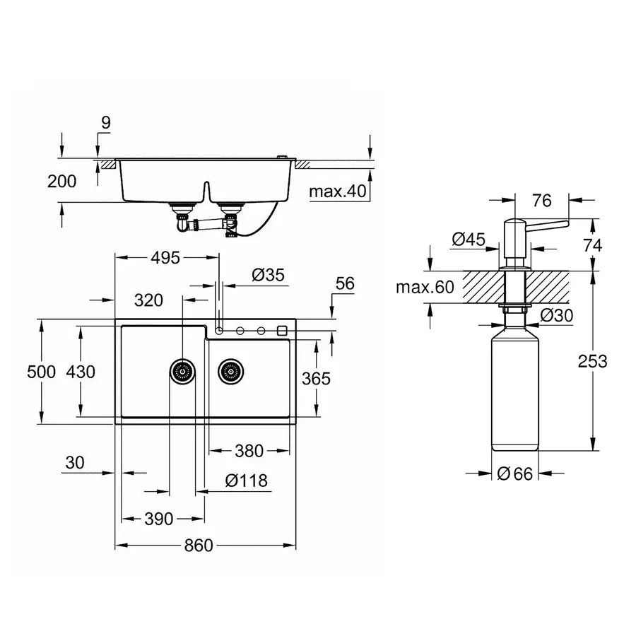 Набор Grohe мойка гранитная кухонная K500 31649AT0 + дозатор для моющего средства Contemporary 40536000