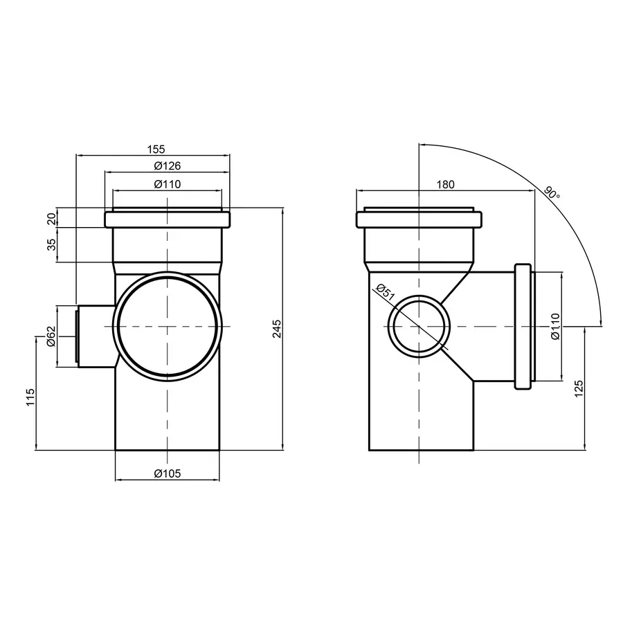 Крестовина канализационная TA Sewage 110х110х110х50, 90 ° (левая)