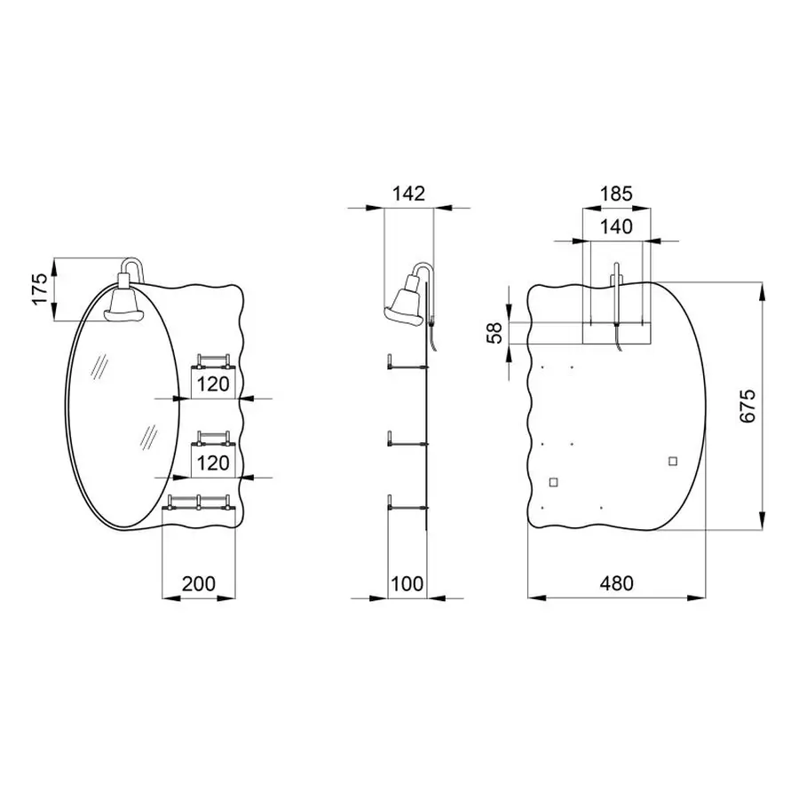 Дзеркало Lidz 140.07.05 480х675х100 зі світильником та з 3-ма полицями