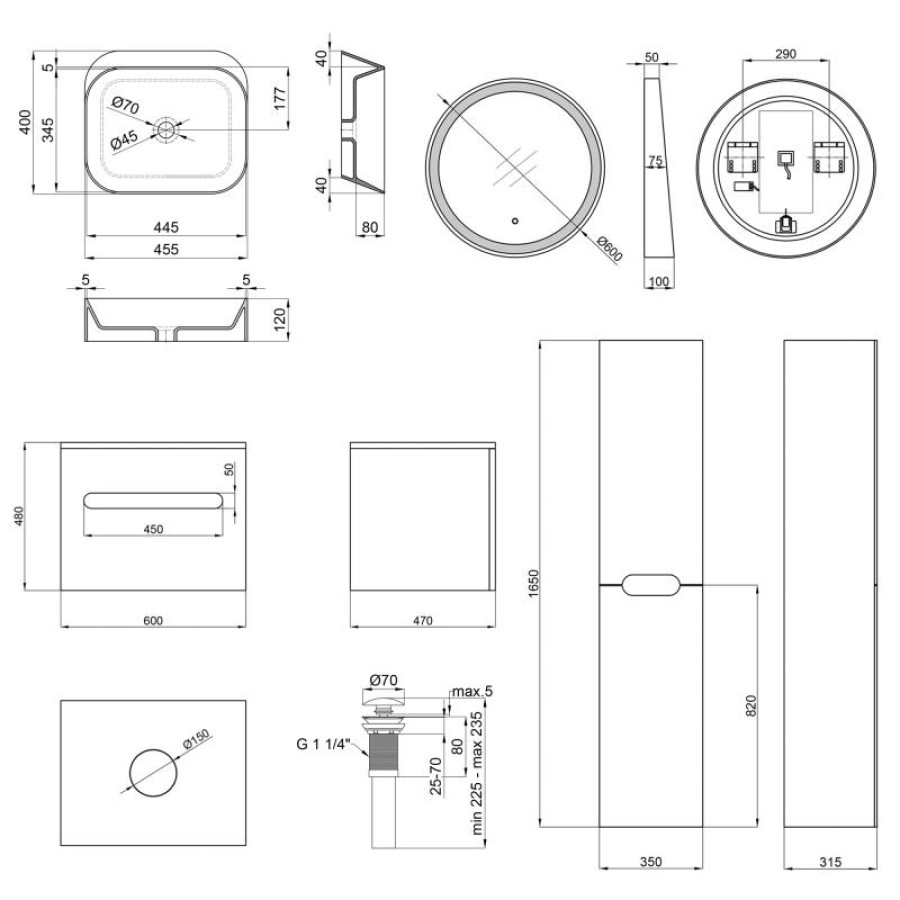 Комплект меблів для ванної Qtap тумба + раковина + дзеркало + пенал QT044VI43002