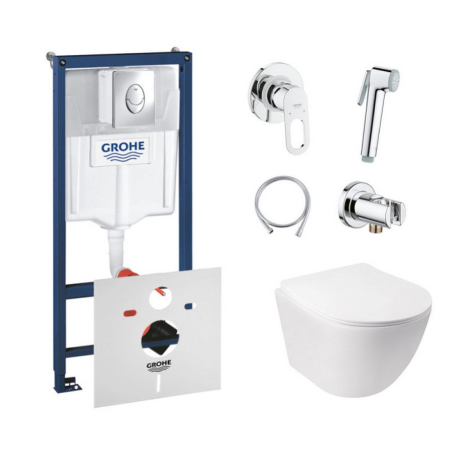 Комплект інсталяція Grohe Rapid SL 38721001 + унітаз з сидінням Qtap Jay QT07335176W + набір для гігієнічного душу зі змішувачем Grohe BauLoop 111042