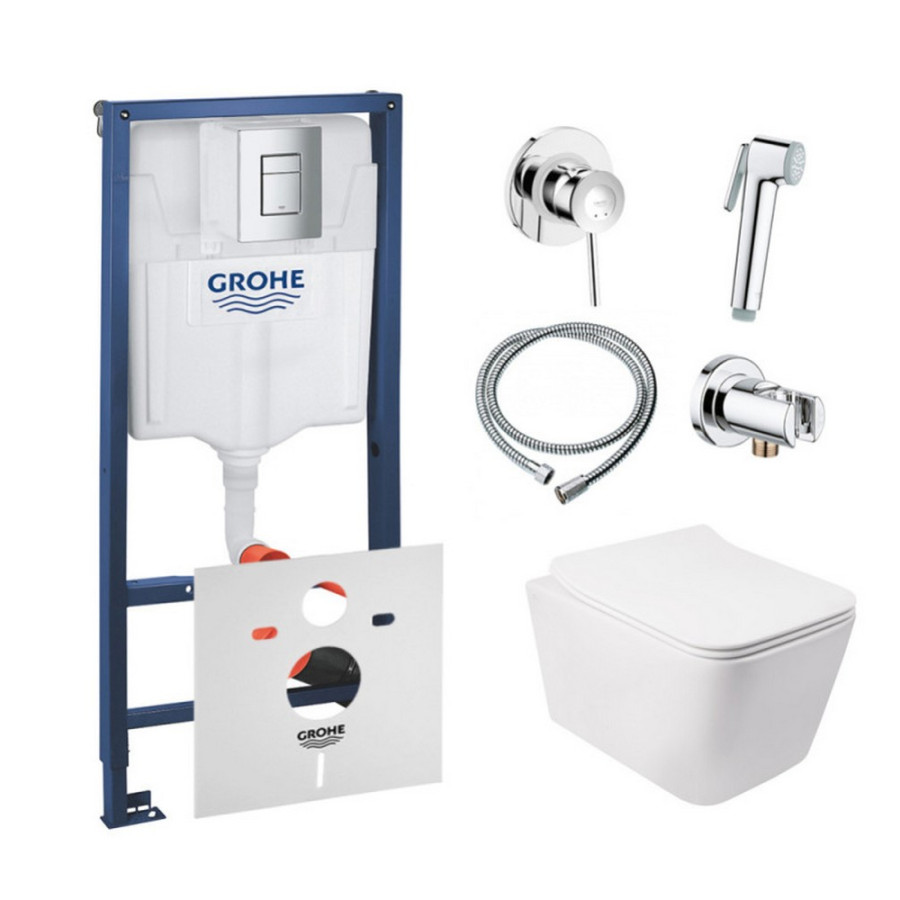 Комплект інсталяція Grohe Rapid SL 38772001 + унітаз з сидінням Qtap Crow QT05335170W + набір для гігієнічного душу зі змішувачем Grohe BauClassic 111048