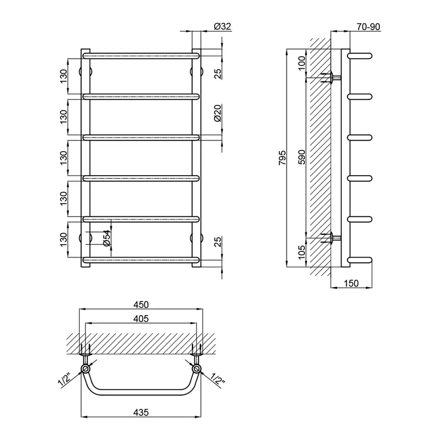 Полотенцесушитель водяной Lidz Standard (CRM) D32 / 20х1 / 2 "400x800 P6