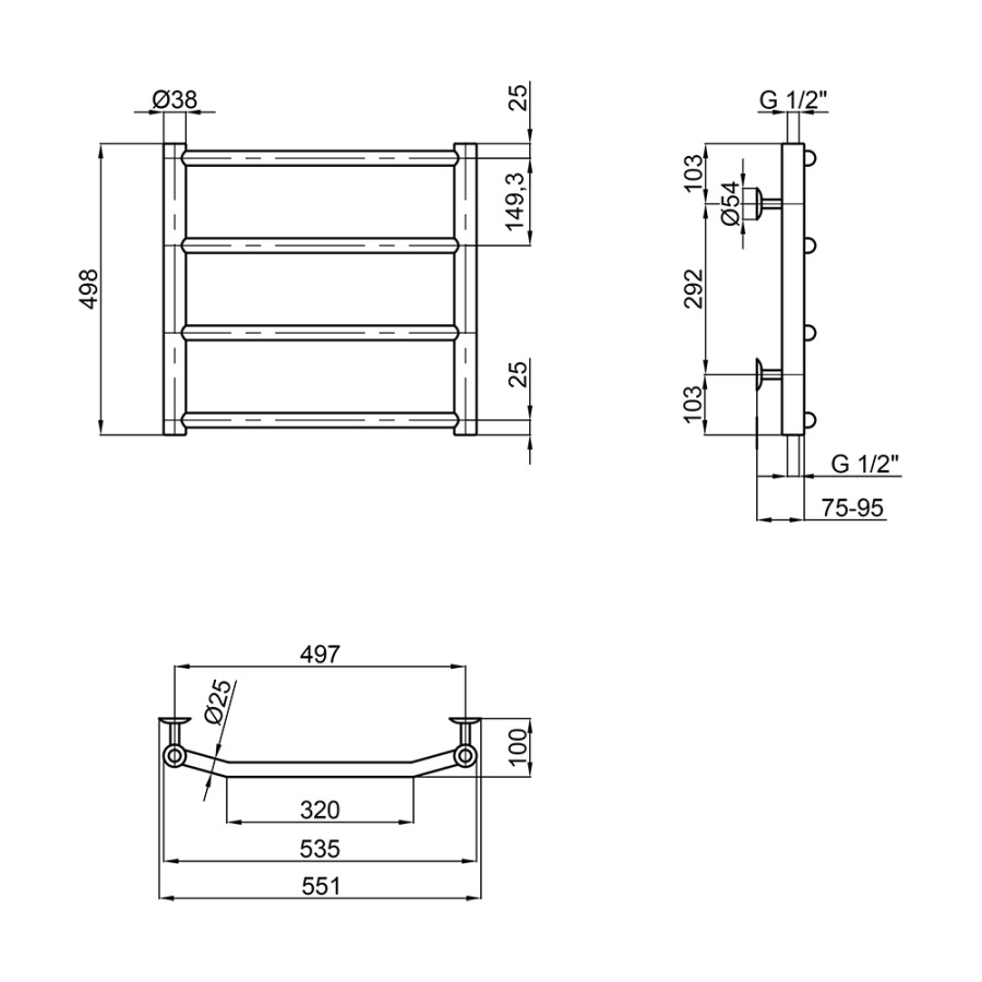 Сушарка для рушників водяна Lidz Trapezium (CRM) D38/25 500x500 P4