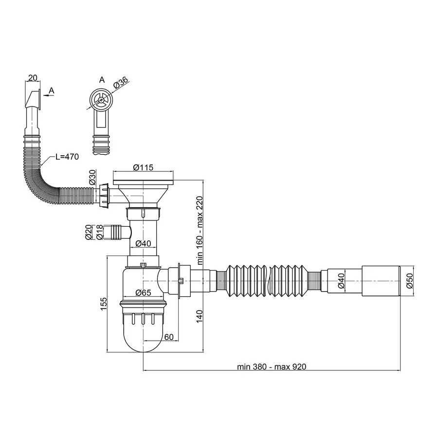 Сифон для кухонной мойки Lidz (GRA) 47 01 003 01 с круглым переливом (выход 50 / 40мм)