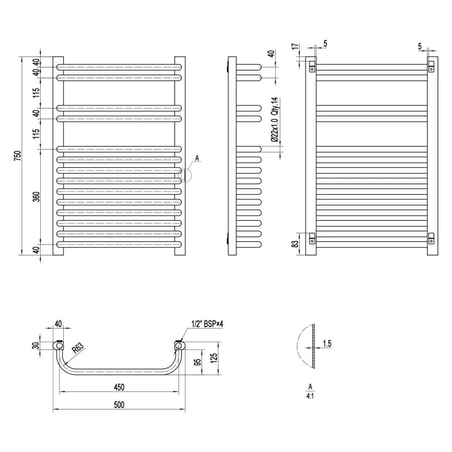 Сушилка Полотенцесушитель водяной Qtap Glory (BLA) P14 750x500 HY