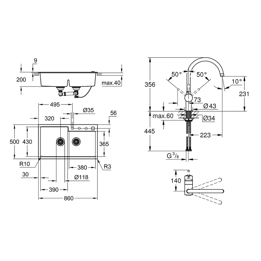 Кухонная гранитная мойка Grohe K500 31649AP0 + смеситель Minta 32917KS0