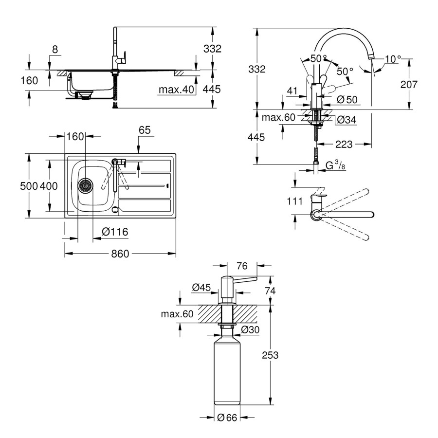 Мийка кухонна Grohe K200 31562SD0 + змішувач BauEdge 31367000 + дозатор для миючого засобу Contemporary 40536000