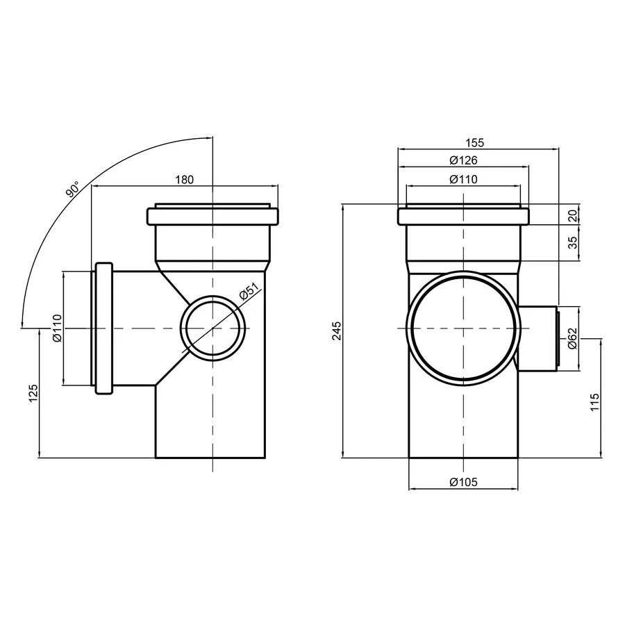 Крестовина канализационная TA Sewage 110х110х110х50, 90 ° (правая)