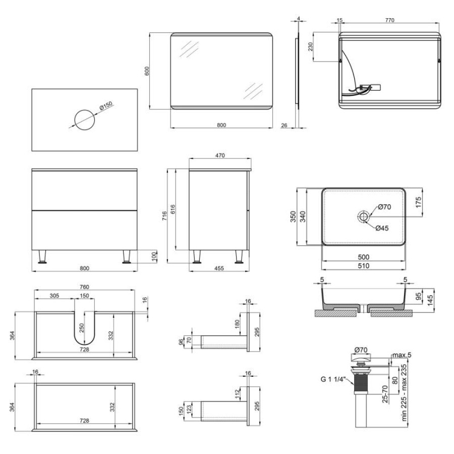 Комплект меблів для ванної Qtap Tern тумба + раковина + дзеркало QT044VI43013