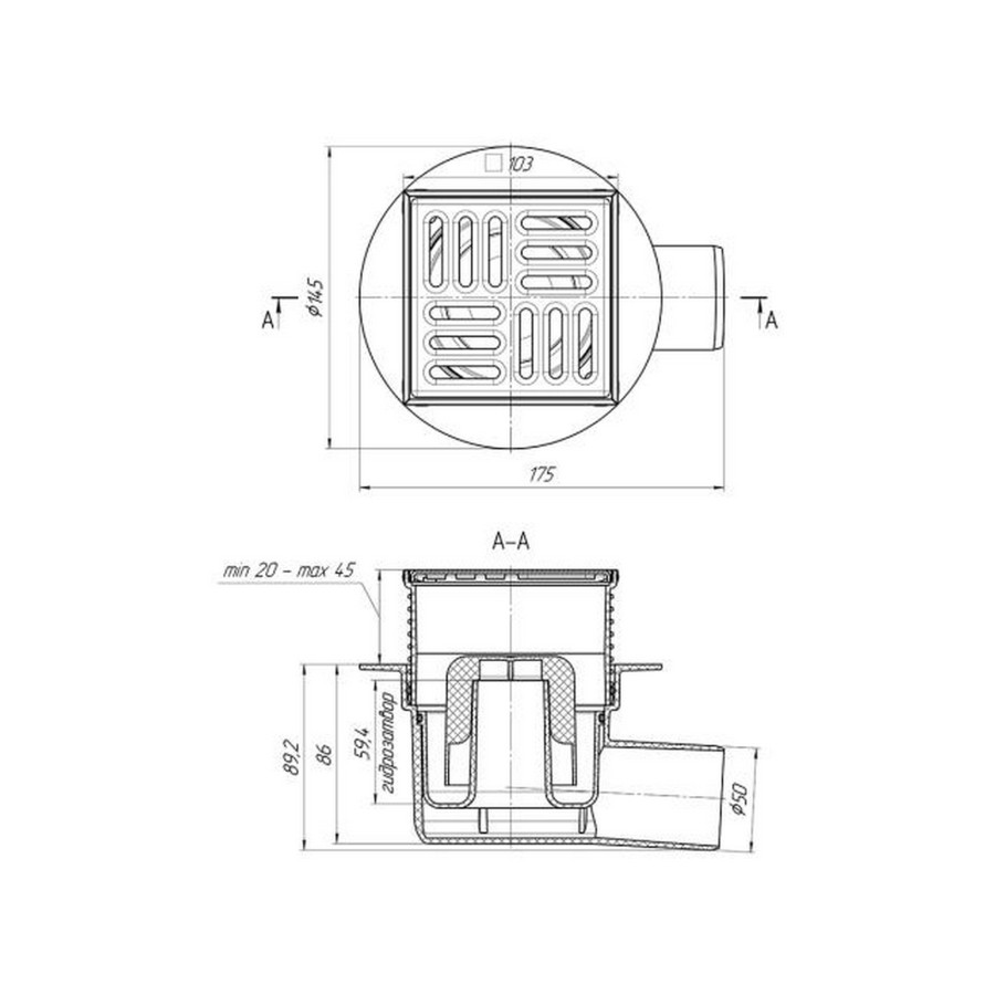 Трап ANI Plast TA5602 горизонтальный с нержавеющей решеткой 100x100