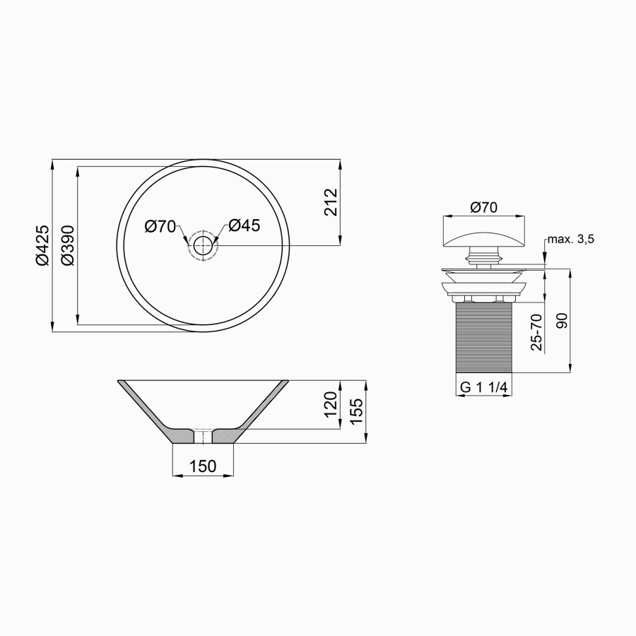 Раковина-чаша Qtap Amazon 425х425х155 White з донним клапаном QT0211K70W