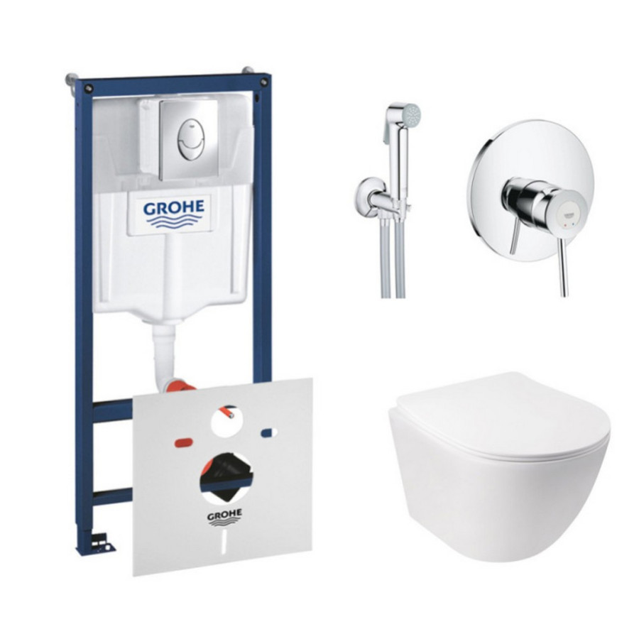 Комплект инсталляция Grohe Rapid SL 38721001 + унитаз с сиденьем Qtap Jay QT07335176W + набор для гигиенического душа со смесителем Grohe BauClassic 2904800S