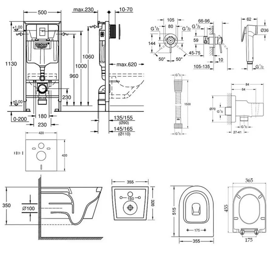 Комплект інсталяція Grohe Rapid SL 38772001 + унітаз з сидінням Qtap Swan QT16335178W + набір для гігієнічного душу зі змішувачем Grohe BauClassic 111048