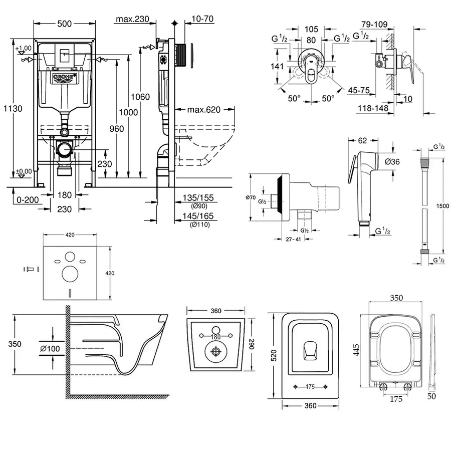 Комплект інсталяція Grohe Rapid SL 38772001 + унітаз з сидінням Qtap Crow QT05335170W + набір для гігієнічного душу зі змішувачем Grohe BauLoop 111042