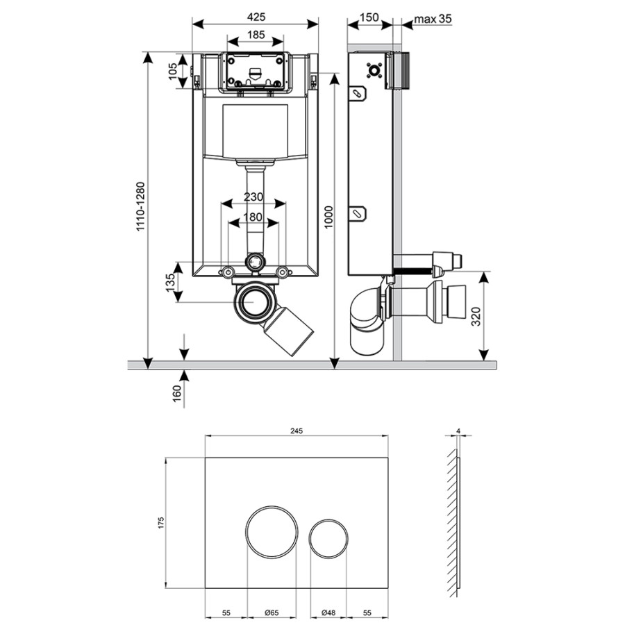 Набор инсталляция 4 в 1 Qtap Nest ST с круглой панелью смыва QT0133M425V1163GB