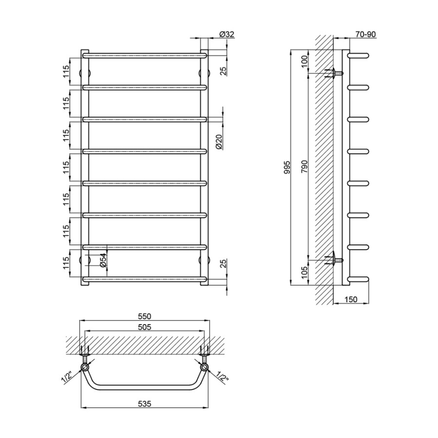 Полотенцесушитель водяной Lidz Standard (CRM) D32 / 20х1 / 2 "500x1000 P8