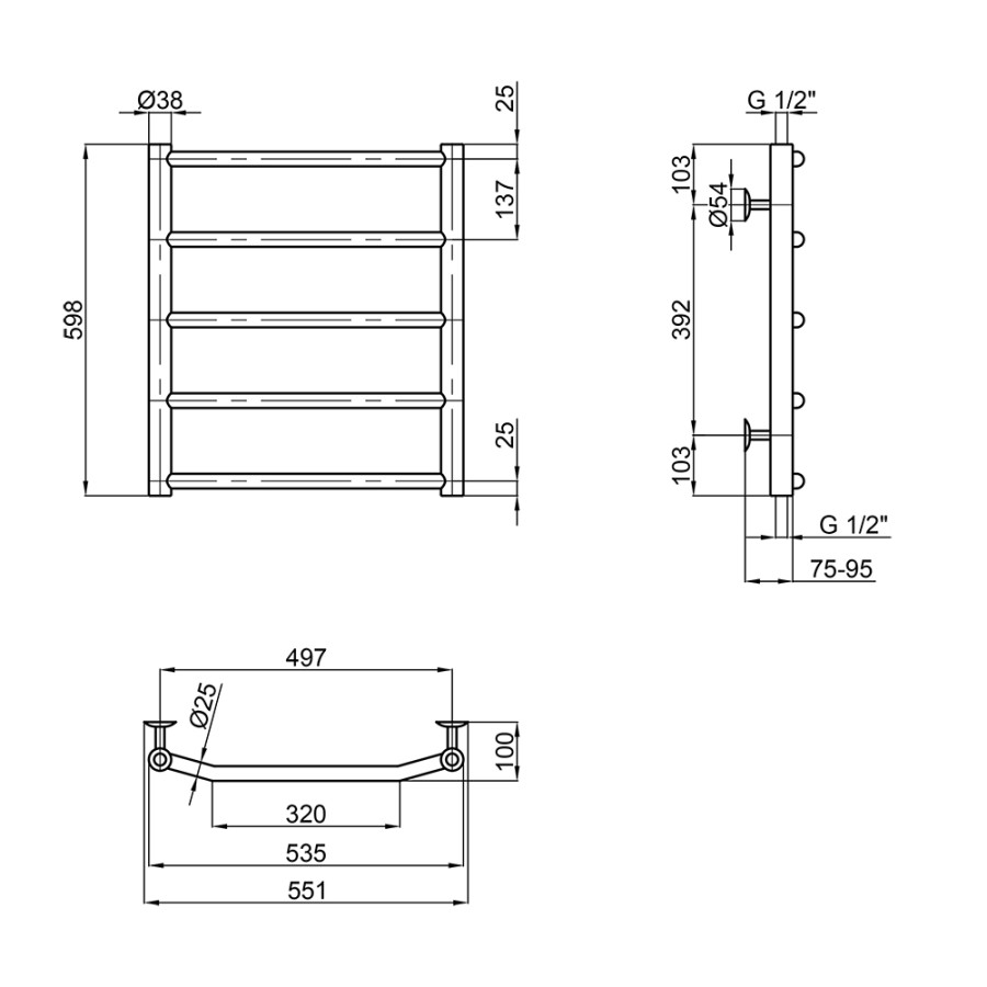 Сушарка для рушників водяна Lidz Trapezium (CRM) D38/25 500x600 P5