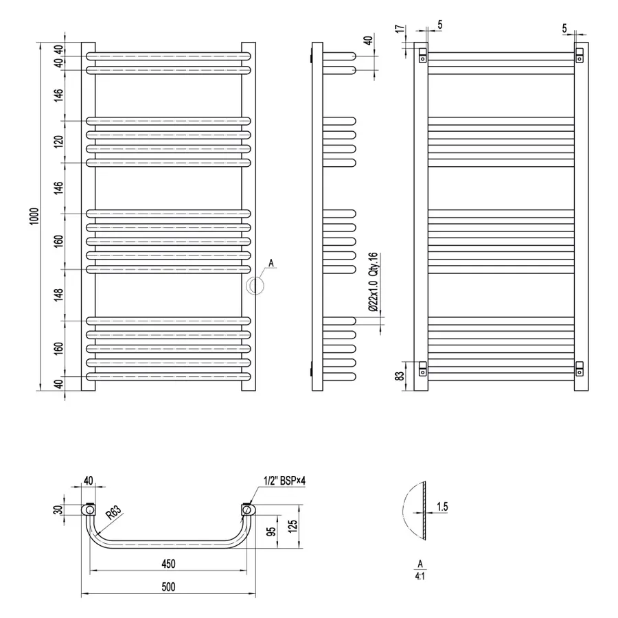 Сушилка Полотенцесушитель водяной Qtap Glory (BLA) P16 1000x500 HY