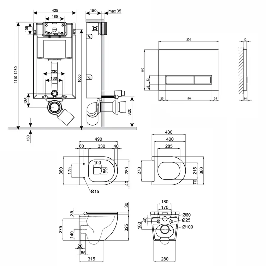 Набір Qtap інсталяція 3 в 1 Nest QT0133M425 з панеллю змиву лінійною QT0111M08V1384W + унітаз з сидінням Robin QT1333046ENRW
