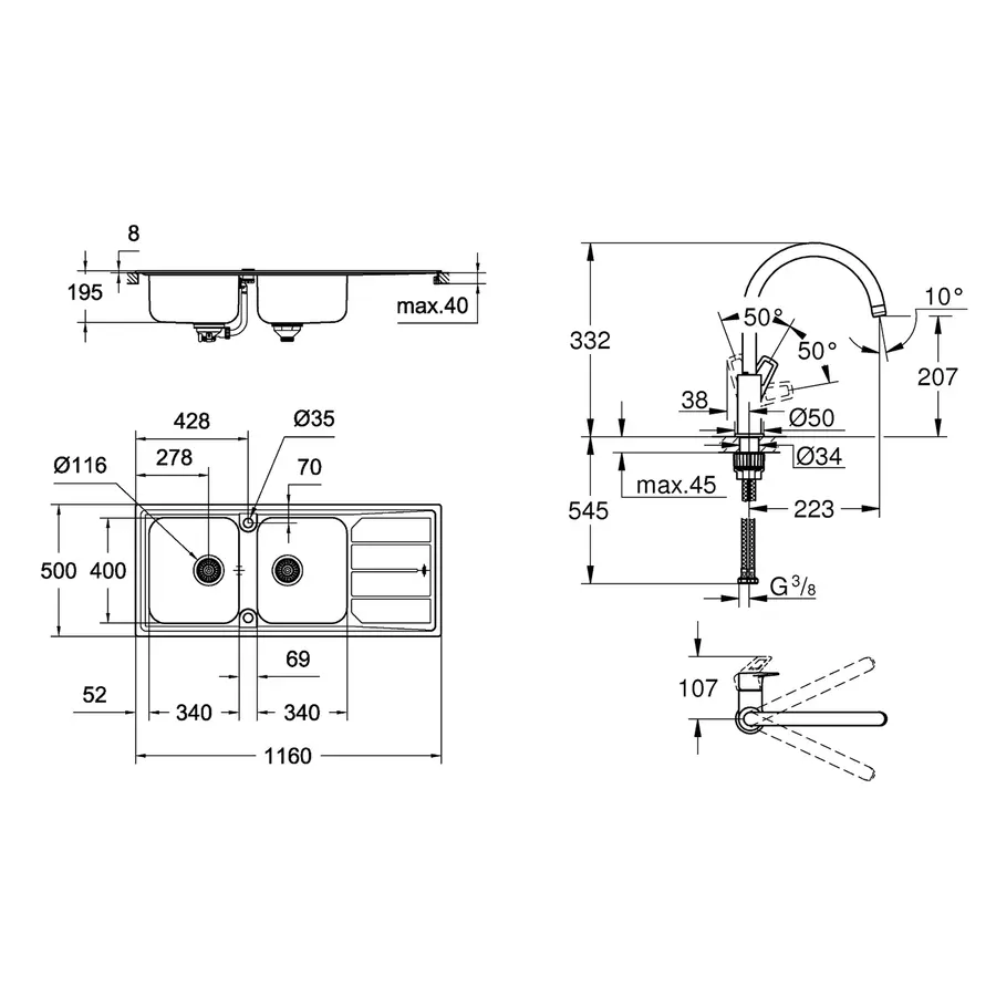 Мийка кухонна Grohe K500 31588SD0 + змішувач BauLoop 31368001