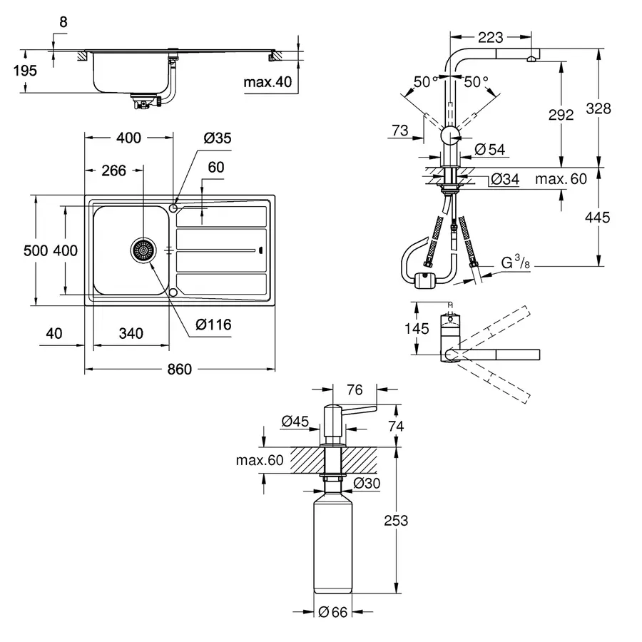 Мийка кухонна Grohe K500 31573SD0 + змішувач Minta 32168000 + дозатор для миючого засобу Contemporary 40536000