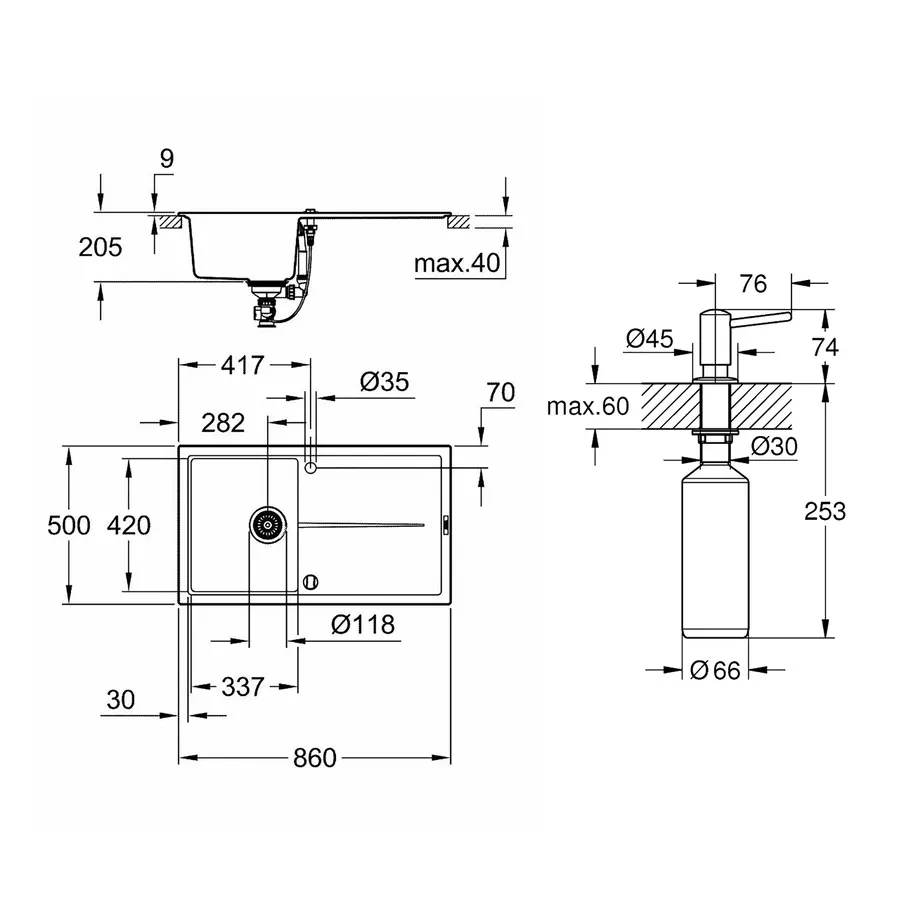 Мийка гранітна кухонна Grohe K400 31640AP0 + дозатор для миючого засобу Contemporary 40536000