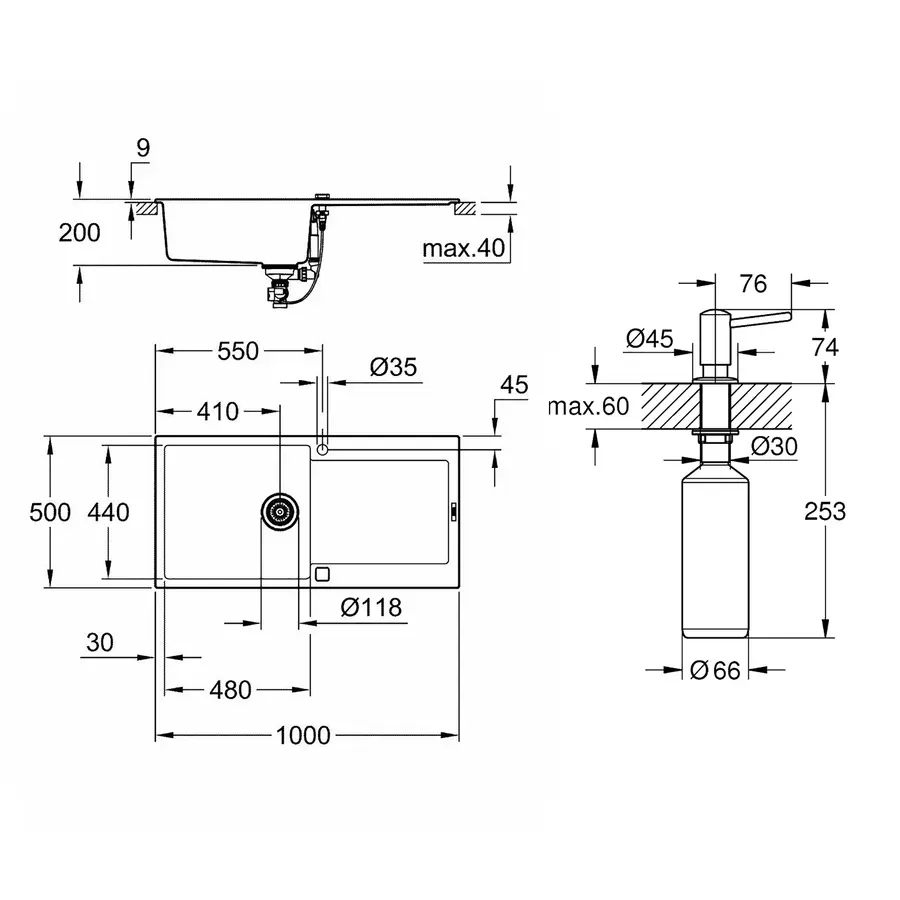 Кухонна гранітна мийка Grohe K500 31645AP0 + дозатор для миючого засобу Contemporary 40536000